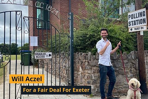 Will Aczel and Ayla in front of the cricket club polling station. Vote Lib Dem Will Aczel for a fair deal for Exeter today!
