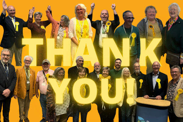 Graphic with West Dorset Winners at the Local Election Counts with 'Thank You' Text.