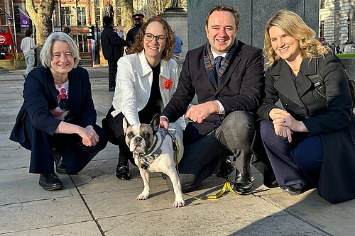 Alison Bennett with Fellow Lib Dem MPs and Bruce the rescued french bulldog