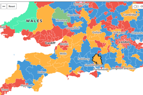 Map showing Lib Dem seats across Southern England and Wales