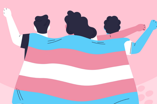 Cartoon graphic showing three people facing away from the image, they are holding a trans pride flag draped across their shoulders.