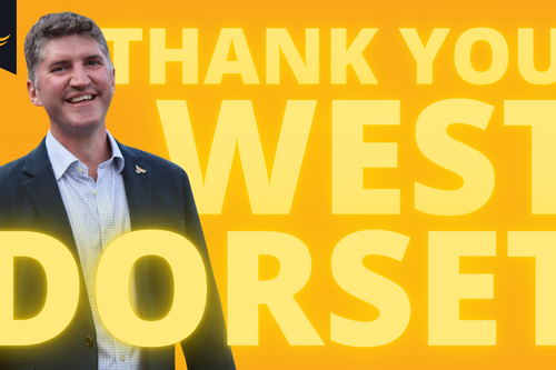 Edward Morello, thanks West Dorset! Graphic with Edward Morello in Sherborne, with 'Thank You West Dorset' Text.
