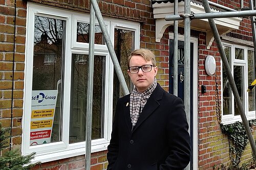 University Ward spokesperson James Hawketts in front of an empty council house.