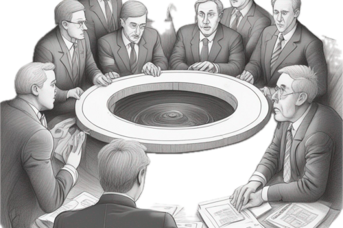 Several male politicians sat around a cauldron representing a black hole