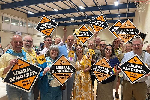 Cameron Thomas and the Tewkesbury Liberal Democrat team celebrate their 2024 General Election victory