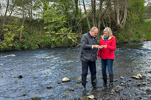 Lisa Smart MP and Sir Ed Davey MP check water standards in the River Goyt 