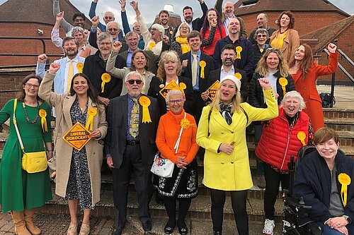 Lib Dems cekebrating outside Pippbrook