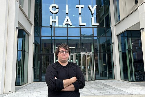 Councillor Paul Edgeworth with his armed folded standing in front of Sunderland Council's City Hall HQ