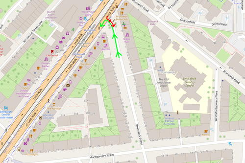 A map showing Brunswick Street, with a green line exiting and a red line entering from Leith Walk