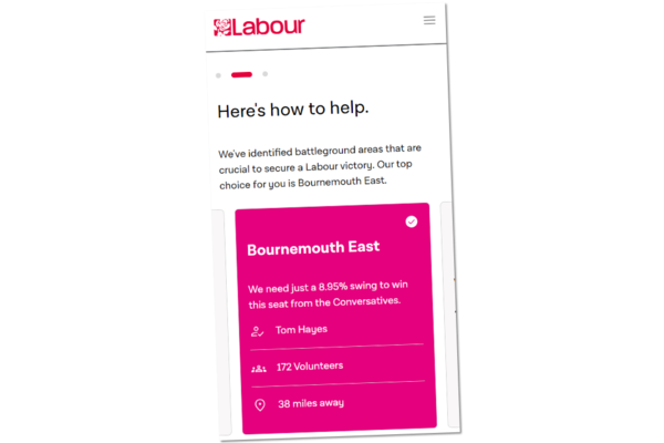 Screenshot of the Labour Party website instructing people to campaign in Bournemouth East.