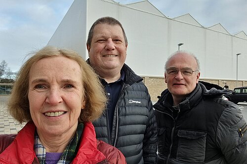 Susan Murray, candidate for Mid Dunbartonshire, with campaigner Ben and council group leader Vaughan outside the Allander Leisure Centre.