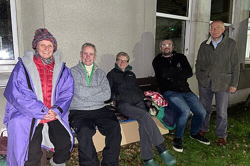 Anita Jones, Jim Martin, Polly Blakemore, Tim Prater being visited at the FHDC Sleep-out by the Chair of the Rainbow Centre Peter Le Feuvre